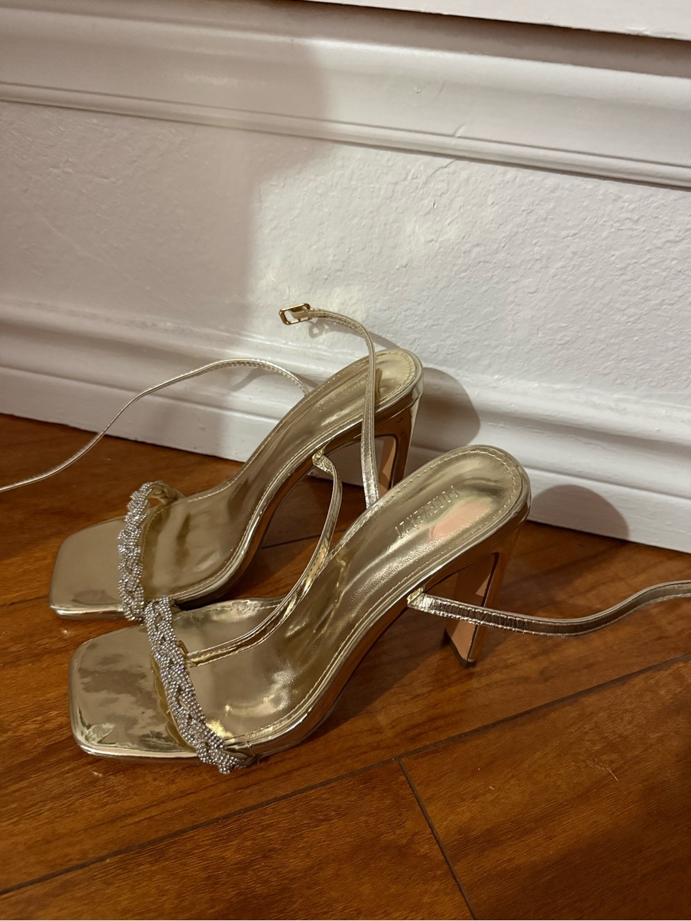 Forever 21 Gold Strappy High Heel Sandals with Rhinestone Accent